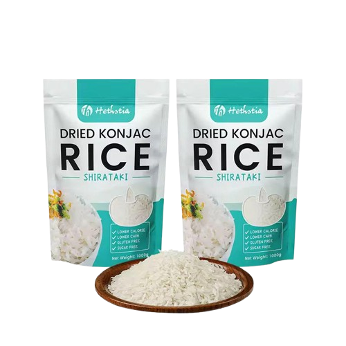 Dried Konjac Rice pouches on a kitchen countertop